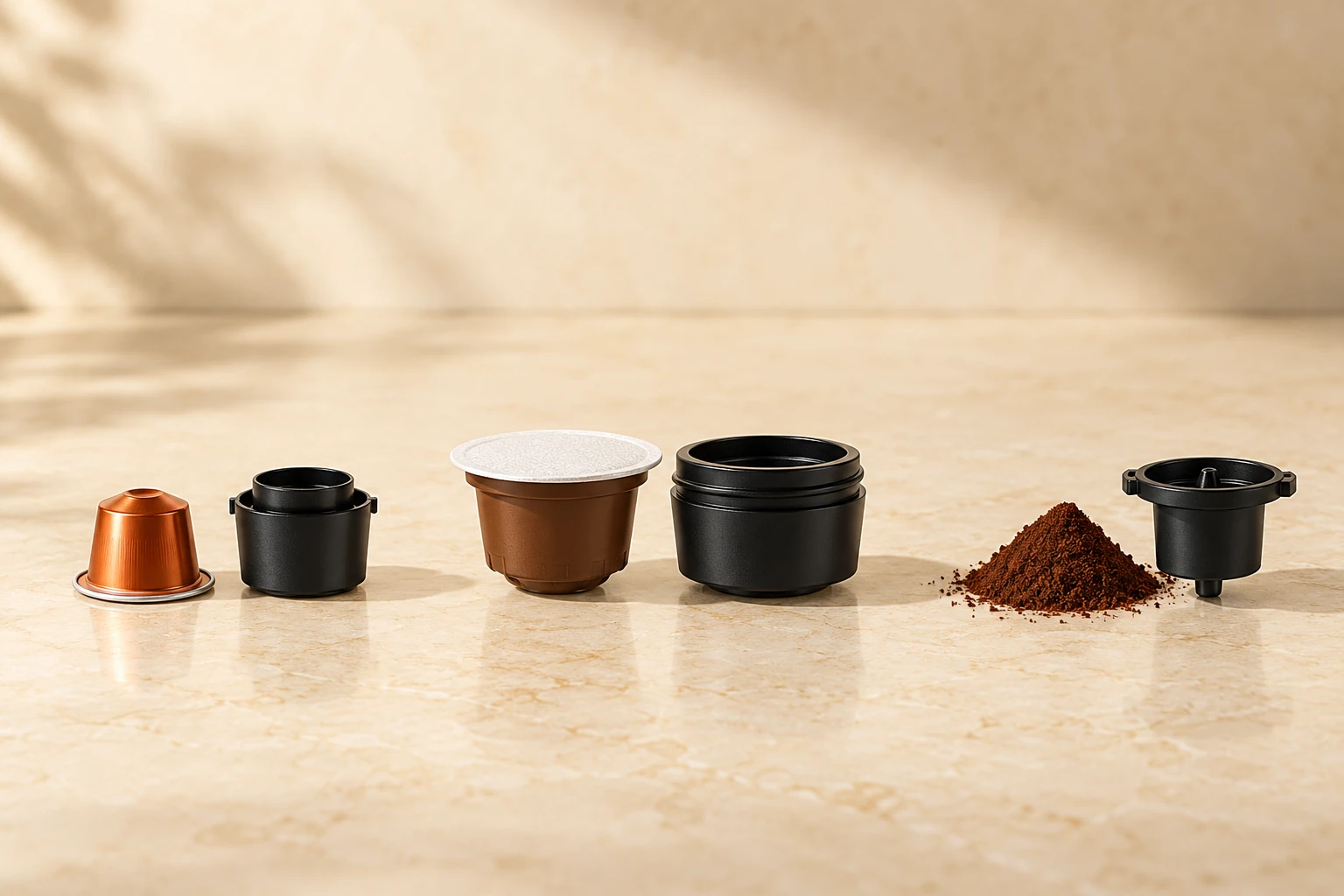 Visual comparison of a small coffee capsule, a large capsule and ground coffee with their holders