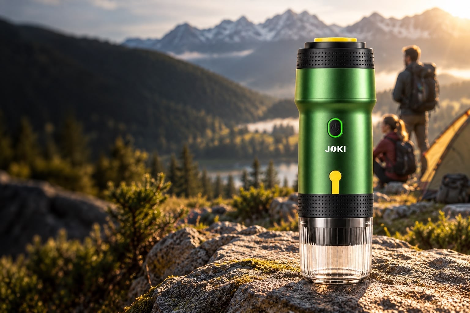 Green JOKI on a mountain camping trip